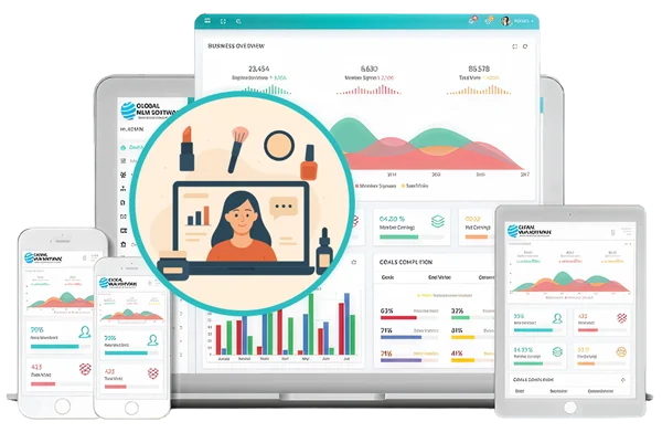 An illustration depicting beauty and cosmetics mlm software dashboard