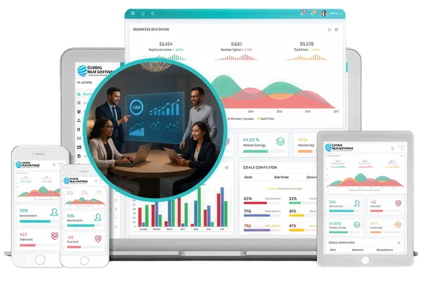 An illustration depicting mlm loyalty management software dashboard